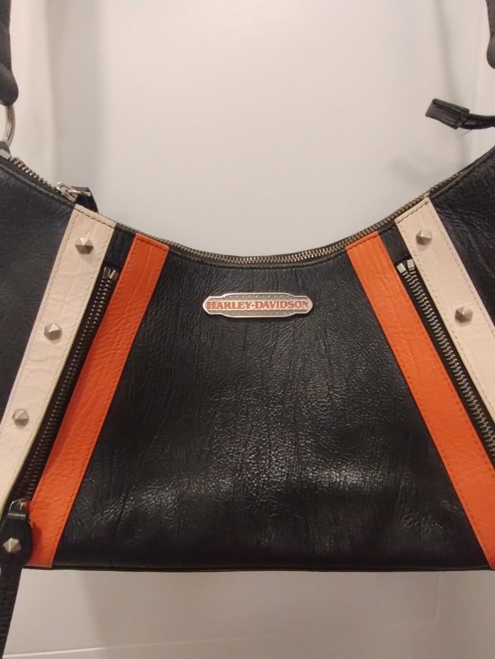 Harley-Davidson Black, Orange & Cream Studded Leather Shoulder Bag